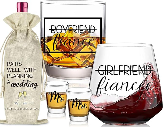 Christmas Engagement Gifts for Newly Couples - Fiance Fiancee Gifts, Boyfriend & Girlfriend Wine and Whiskey Glass Set, Wedding Gift for bride and groom, Future Mr and Mrs Just Engaged Gift