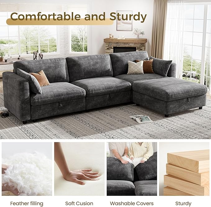KKL Modular Sectional Couches for Living Room, U Shaped Sofa Couch with Adjustable Backrest, Chenille 6 Seater Sofa Couch with Convertible Ottoman and Comfy Cushion, Grey