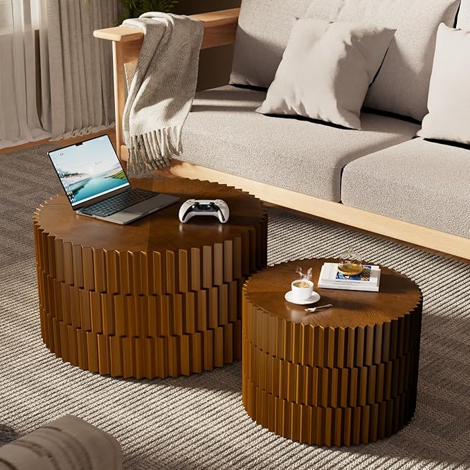 Round Nesting Coffee Table Set of 2, Round Fluted Coffee Tables for Living Room Modern Nesting End Side Tables for Small Spaces (B Brown)