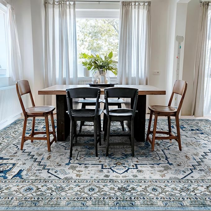 Area Rugs for Living Room 8x10 - Large Machine Washable Vintage Oriental Soft Rugs, Low Pile Thin Floor Carpet with Non Slip Backing for Bedroom, Dorm, Under Dining Room Table, Indoor House, Office