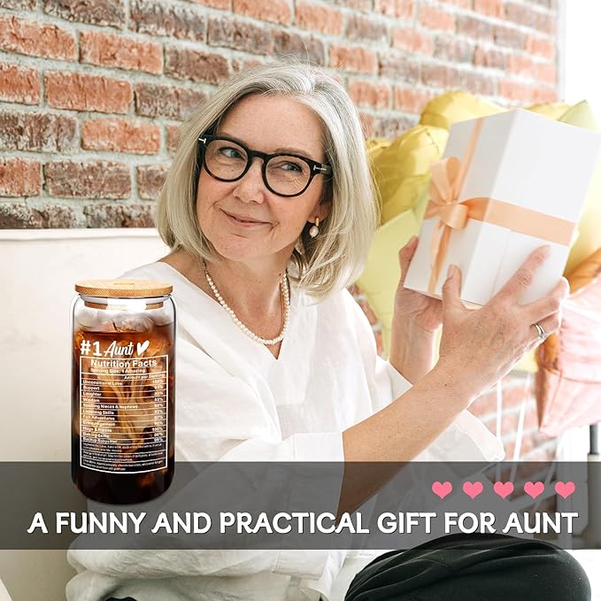 Mason Life Aunt Gifts, Nutritional Facts Glass Cup, 20 OZ Coffee Glass Cup, Best Aunt Ever Gifts from Niece,Nephew Birthday Gift