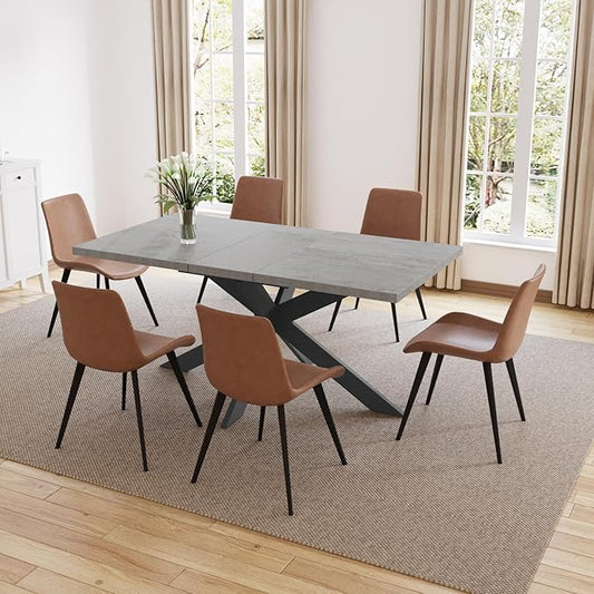 ZckyCine Extendable Dining Table Set for 6-8, 51"-67" Modern Rectangular Kitchen Table with 6 Chairs, Space-Saving Expandable Dinner Table with Sturdy Metal Frame for Dining Room & Apartment Decor