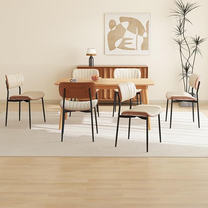 Modern PU Leather Dining Room Chairs Set of 6, Upholstered Kitchen Chairs with Curved Wood Backrest and Metal Legs Adjustable Feet for Kitchen Dining Room(Beige)