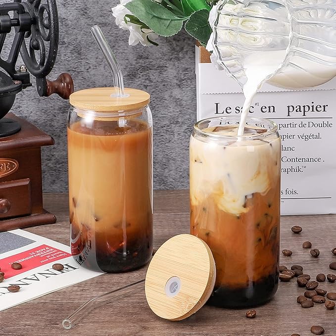 Glass Cups with Lid and Straw, 16oz Beer Glasses Coffee Cups, Iced Coffee Cups with Straw, Glass Tumbler (2 PACK)
