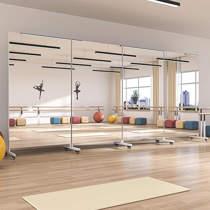 Hasipu Home Gym Mirror 360° Swivel on Wheels, 65" x 22" Extra Large Full Body Rolling Mirror for Yoga Studio, Bedroom, Dancing Studio, White
