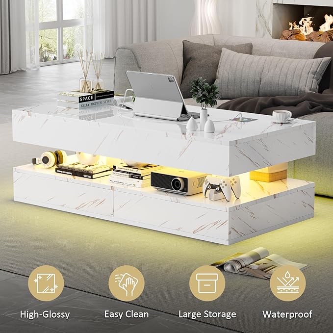 LED Coffee Table, 47.2" Coffee Tables with Storage Drawers, Smart Living Room Table with Wireless Charging & Bluetooth Speaker,Modern Center Tables for Living Room, White Marble