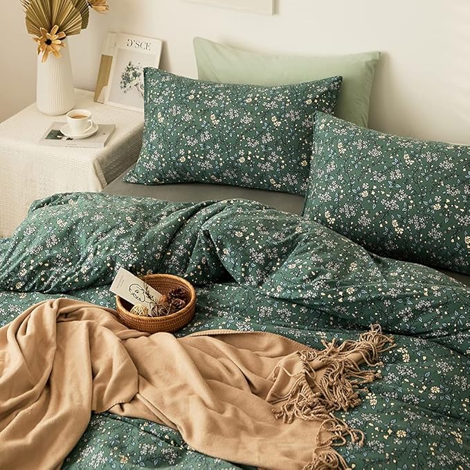 LifeTB Jersey Knit Cotton Duvet Cover Twin Green Floral Bedding Sets 100% T Shirt Cotton Botanical Bedding Garden Chic Knit Cotton Comforter Cover Vintage Floral Duvet Cover