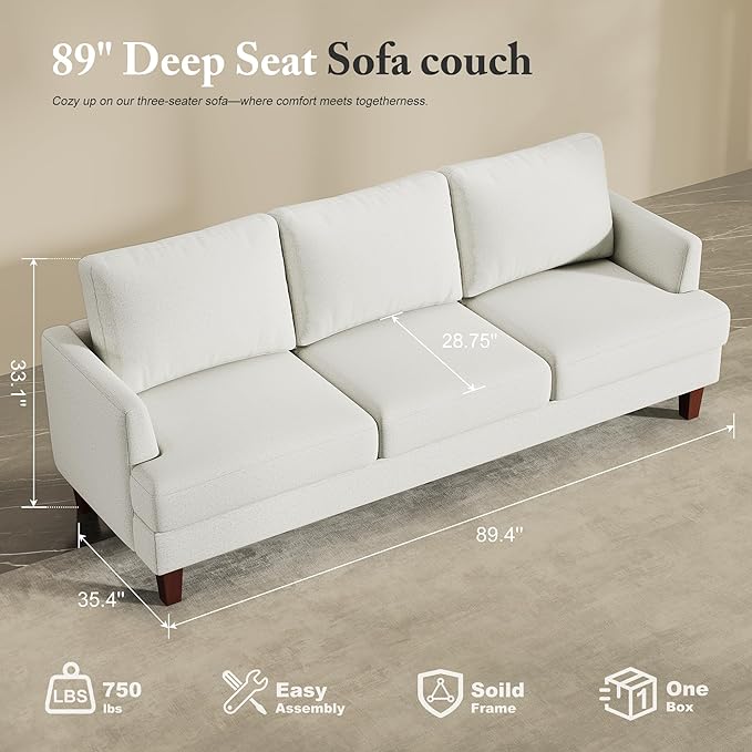 3 Seater Sofa Couch with Deep Seats, 89" Mid Century Modern Upholstered Sofa with Armrests, Comfy Couches for Living Room, Bedroom and Office, Linen Fabric Apartment Couch (Linen Beige)