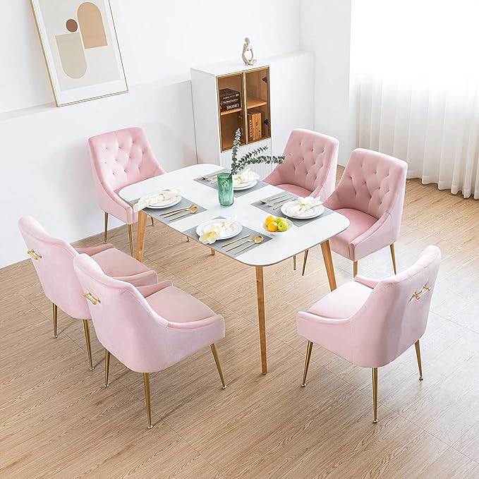 Modern Dining Chairs Set of 4, Mid Century Dining Chairs with 5.12” Cushions and Golden Legs, Velvet Upholstered with Back Pull Rod, for Kitchen, Living Room, Pink