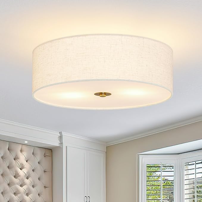 12.6 Inch Flush Mount Ceiling Light Gold Ceiling Fixture 2-Light Drum Modern Lights Close to Lights Fixture with Fabric Shade for Living Room Hallway Entryway Bedroom