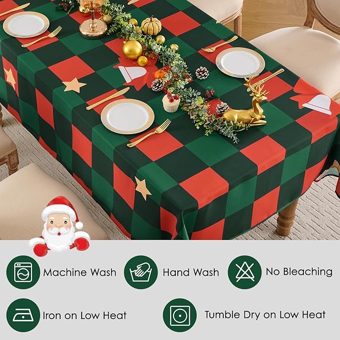 Christmas Tablecloth Rectangular 60x102 Inch Waterproof Table Cloth for 6ft, Washable Polyester Table Cover for Xmas Party, Winter Holiday Home Decoration in Festive Checkered Star 1pack