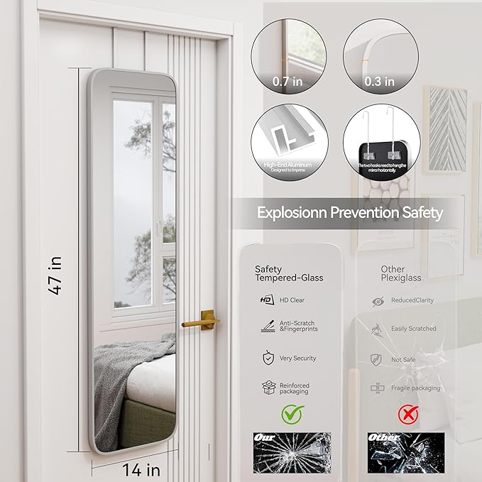 47x14 Mirror Rectangle Full Body Length Door Hanging Wall Mounted Aluminum Alloy Metal Frame Dressing Make-up Mirrors for Entryway Bedroom Bathroom Living Room 47 14 inch Silver