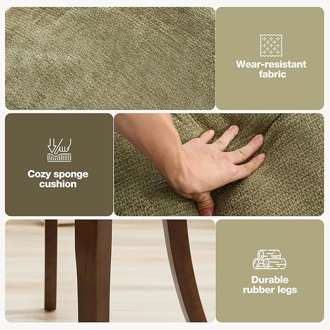 UVV Wooden Dining Chairs Set of 6, Mid Century Modern Chenille Upholstered Dining Room Chair Kitchen Chairs, Farmhouse Dinner Chair with Solid Wood Legs for Kitchen Dining Room, Green