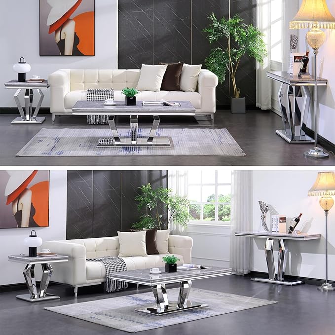 4-Piece Coffee Table Set, Gray and Silver Living Room Tables with 4 Geometric Bases, 1 Coffee Table + 2 End Table + 1 Console Table for Home Office