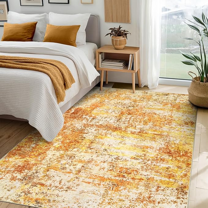 Washable Area Rugs for Living Room - 6x9 Abstract Modern Rug Neutral Soft Rug Stain Resistant Non-Shedding No Slip Low Pile Large Carpet for Bedroom Dining Room Nursery Home Office - Orange/Gold