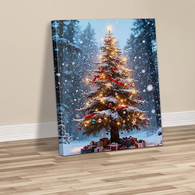 Framed Christmas Pictures Wall Decor,Vintage Pine Tree Prints,Winter Christmas Canvas Wall Art Decoration for Bedroom Bathroom Living Room Rustic Xmas Holiday Gifts (Christmas Tree 16, 16'' X 20'')