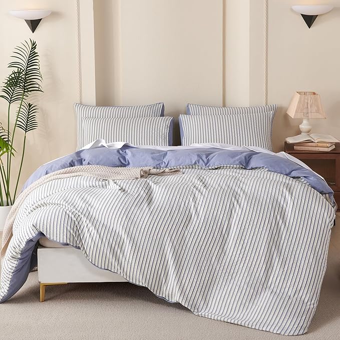 Comforter Set King Striped Blue 100% Soft Washed Microfiber Jacquard 3 Pieces King Striped Bedding Sets Blue White Comforter for All Seasons and 2 Pillowcases Comfort Breathable