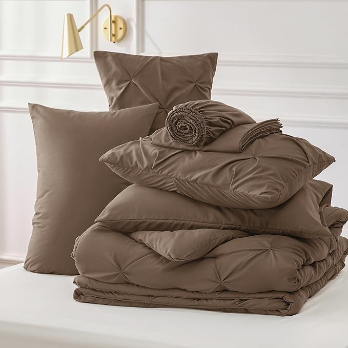 Bedsure Twin Comforter Set Brown - Bed in a Bag Twin Size Bedding 5 Pieces, GentleSoft™ Pintuck Bed Set Gift for Family, Pinch Pleat Brown Comforter with Sheets, Pillowcase & Sham