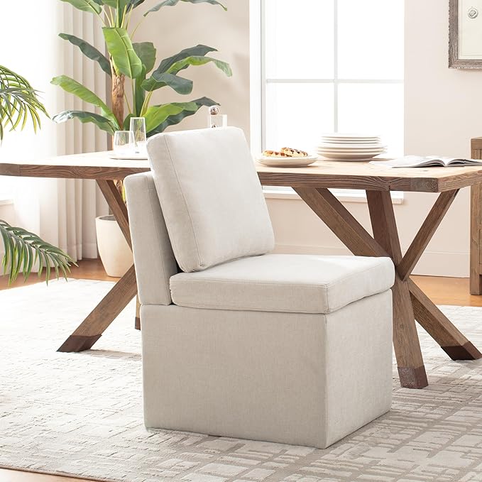 VKNOW Upholstered Dining Chairs, Modern Kitchen Chairs with Storage, Linen Armchair Dining Room Chairs for Kitchen Room (Beige, Set of 2)