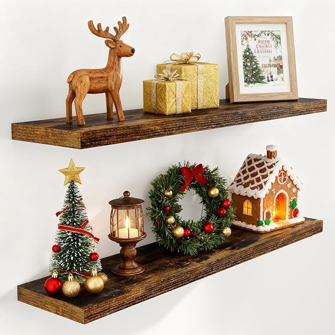Floating Shelves for Wall, 48 x 9.3 Large Floating Shelf Wall Mounted Set of 2, Rustic Wood Shelves for Bathroom, Kitchen, Living, Heavy-Duty Storage Deep Shelf for Books, Decor, Rustic Brown