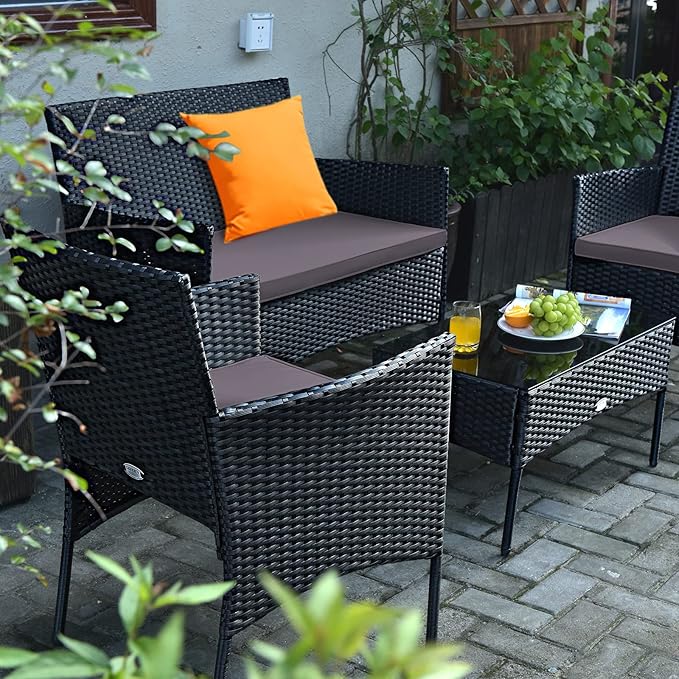 Tangkula 4 Pieces Patio Furniture Set, Outdoor Wicker Conversation Set with Tempered Glass Tabletop, Rattan Sofa and Chairs Set with Off White & Grey Cushion Covers