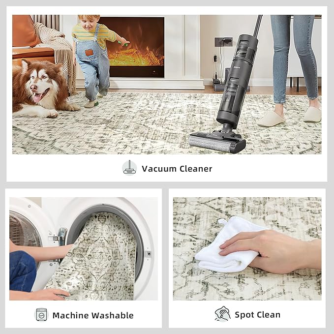 Deerly Area Rug 3x5 Rugs with Non-Slip Backing, Washable 3x5 Rugs for Bedroom Living Room Kitchen Hallway, Distressed Carpet Printed Low-Pile Soft Dorm Rug (Border Cream)