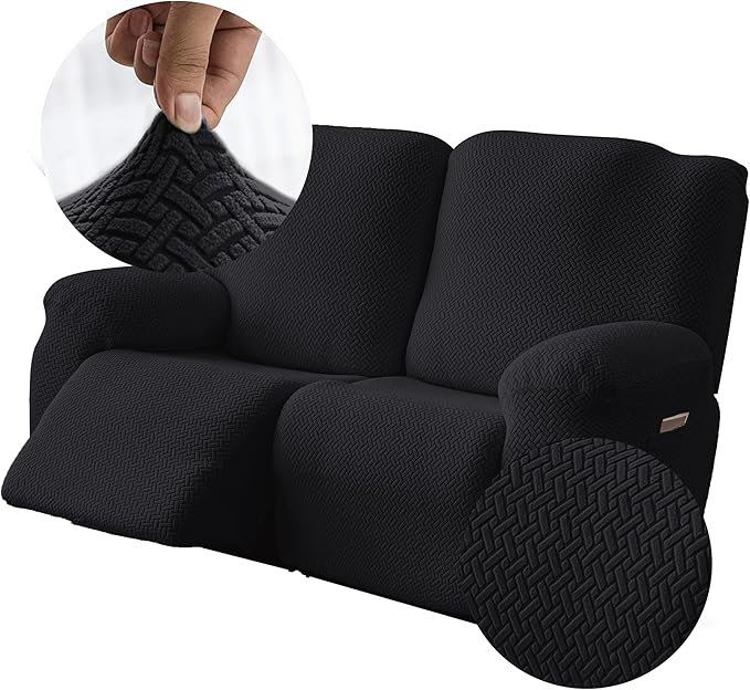 Genina Recliner Loveseat Covers, Stretch Reclining Sofa Covers, 2 Seater Couch Cushion Stripe Jacquard Recliner Slipcovers - Furniture Protector Covers for Pet Kid (Black)