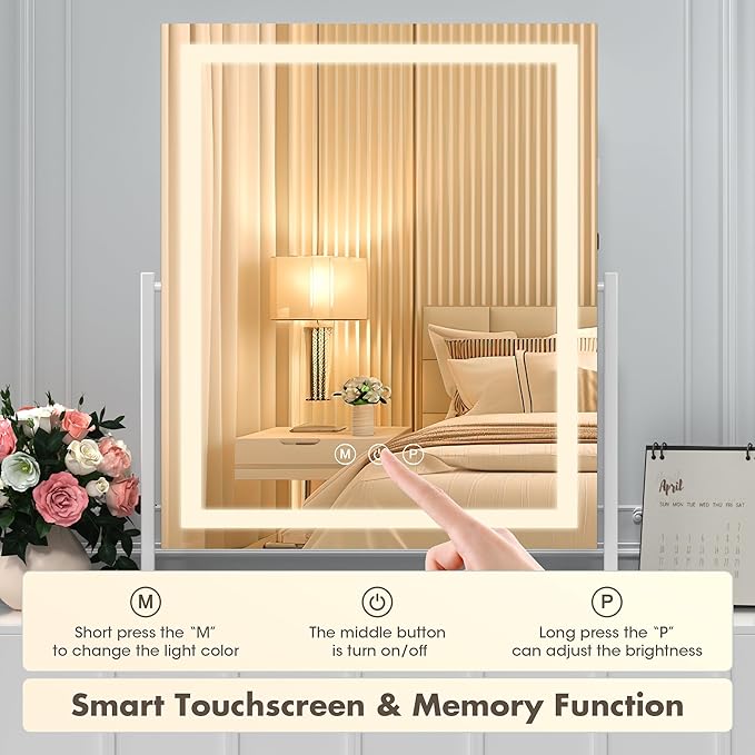 Hasipu Vanity Mirror with Lights, 16" x 20" LED Makeup Mirror, Light up Mirror with Smart Touch 3 Color Modes and Brightness Adjustment, 10X Magnifying Glass,360° Rotation