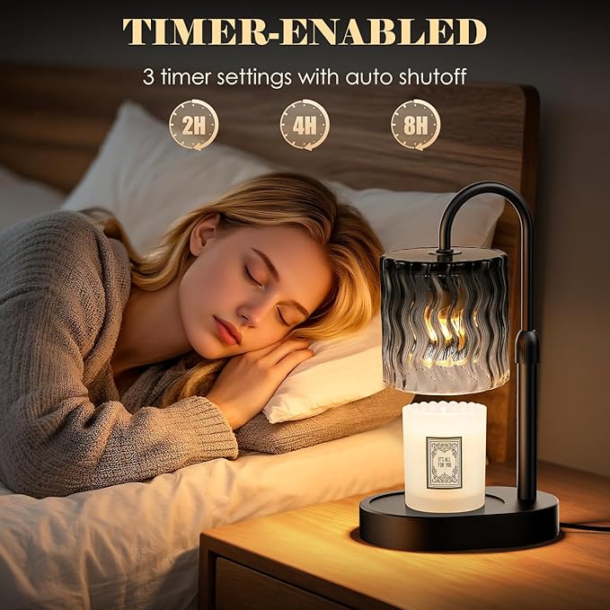 Candle Warmer Lamp with Timer, Dimmable Candle Lamp Warmer for Home Decor, Adjustable Height Wax Melt Warmer Lamp with 2 Bulbs Birthday Christmas Gifts for Women (Black)