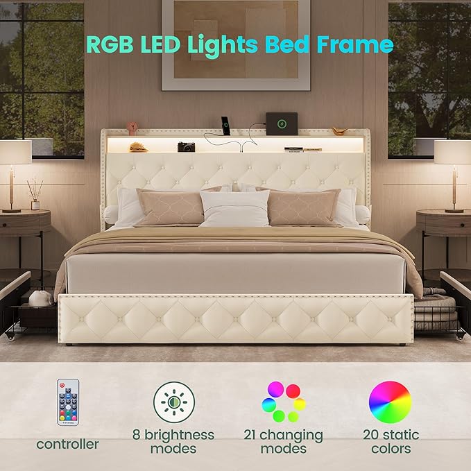 LARMACE Bed Frame King Size Platform Upholstered Bed Frame with 4 Storage Drawers Modern Velvet Tufed with Headboard USB Charging Station&Led Lights,No Box Spring Needed, Easy Assembly, Beige