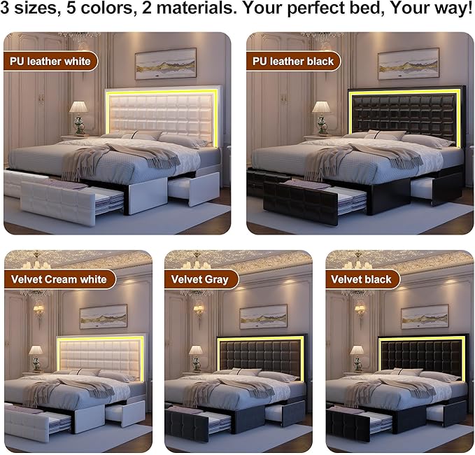 King Bed Frame with LED Lights & Storage Drawers, No Box Spring Needed, Heavy Duty 900lbs Weight Capacity, Easy Assembly, Modern Upholstered Platform Bed, Velvet Black
