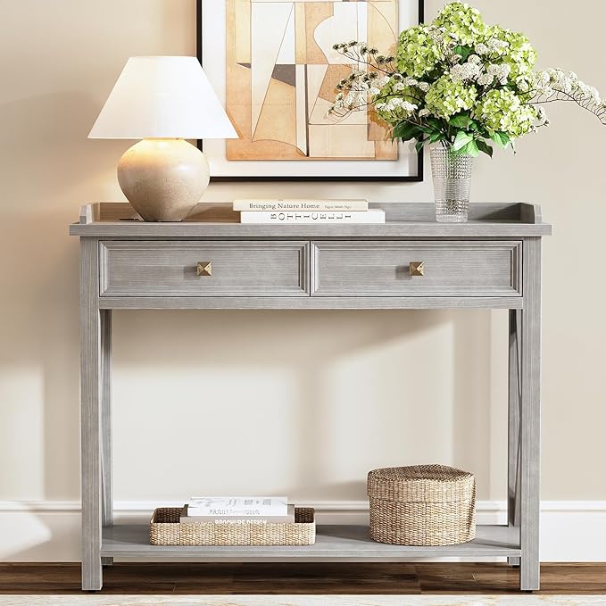 40" Console Table with Drawers, Entryway Table with Charging Station, Mid Century Console Table with Bottom Shelf, Wood Accent Sofa Table for Living Room, Hallway, Foyer, Drawers Pre-Assembled, Grey