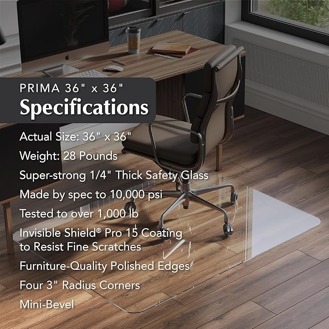Vitrazza Glass Chair Mat 36” x 36” Superior ¼" Thick, Chiaro Standard Clear, Certified Tempered Safety Glass, Delivers a Smooth Glide, Protects Carpet or Wood, Beautiful in Home or Office.
