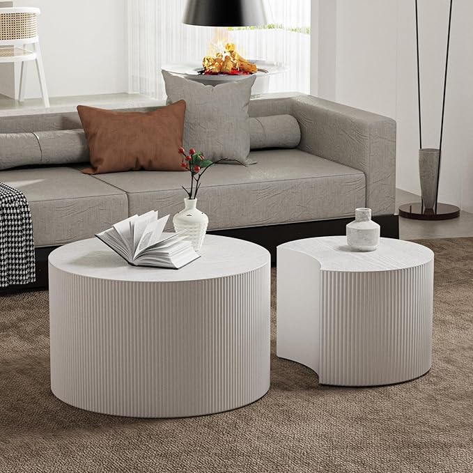 Round Nesting Coffee Table Set of 2, Round Fluted Coffee Tables for Living Room Modern Nesting End Side Tables for Small Spaces (C White)