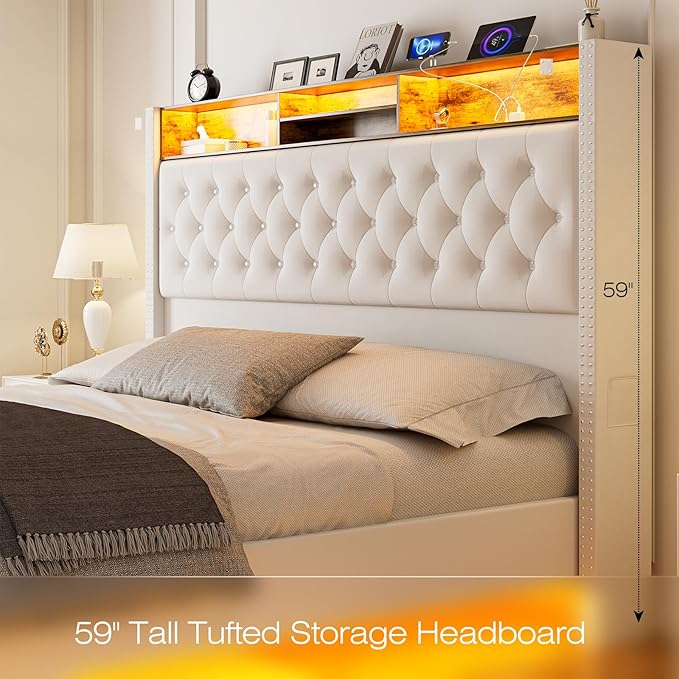 Floating King Size Bed Frame with Headboard and Storage, 60“ Upholstered Bed Frame with LED Light and Charging Station