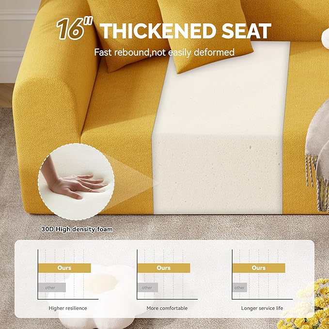 128" Oversized Modern Curved Sofa,Boneless Cloud Sectional Couch with Deep Seat,No Assembly Required Chenille Couches for Living Room,Yellow,1 PCS