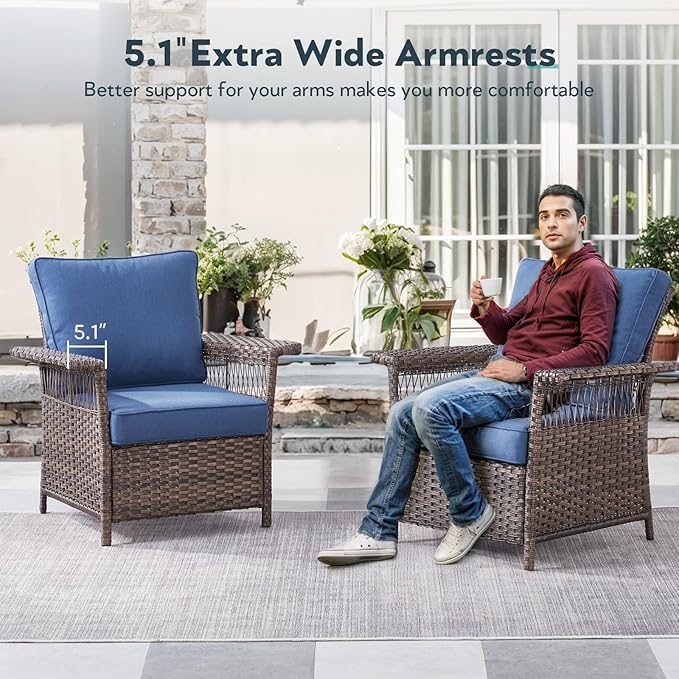 5 Pieces Wicker Patio Furniture Set - Hollow Widen Armrests Outdoor Rattan Chairs, 3 Seat Sofa with Coffee Table & Side Table, Small Patio Convention Set for Deck and Backyard - Brown/Blue