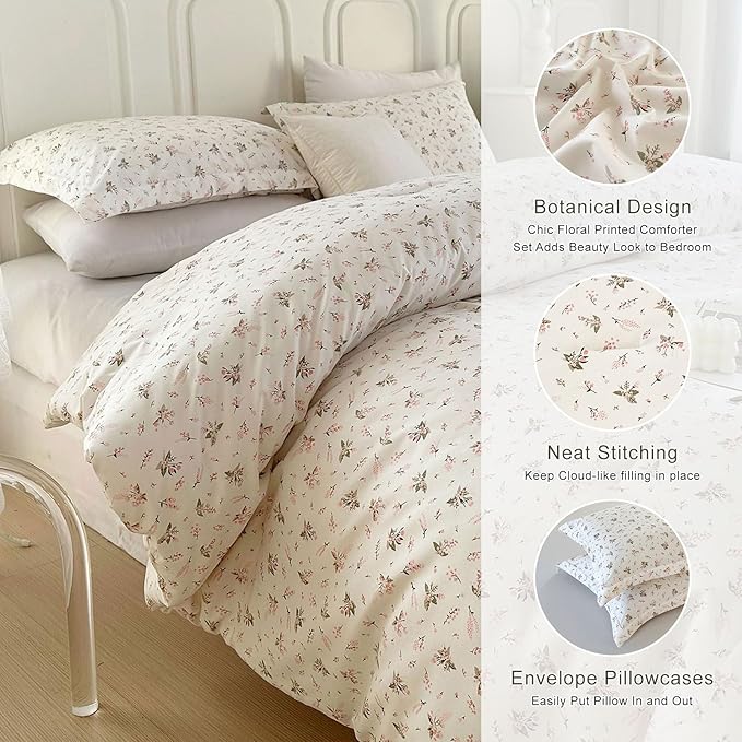 EAVD Girls Pink Floral Twin XL Comforter Set Boho Soft Washed Microfiber Bedding Set 1 Cute Floral Comforter and 2 Pillowcases Chic Vintage Garden Botanical Pattern