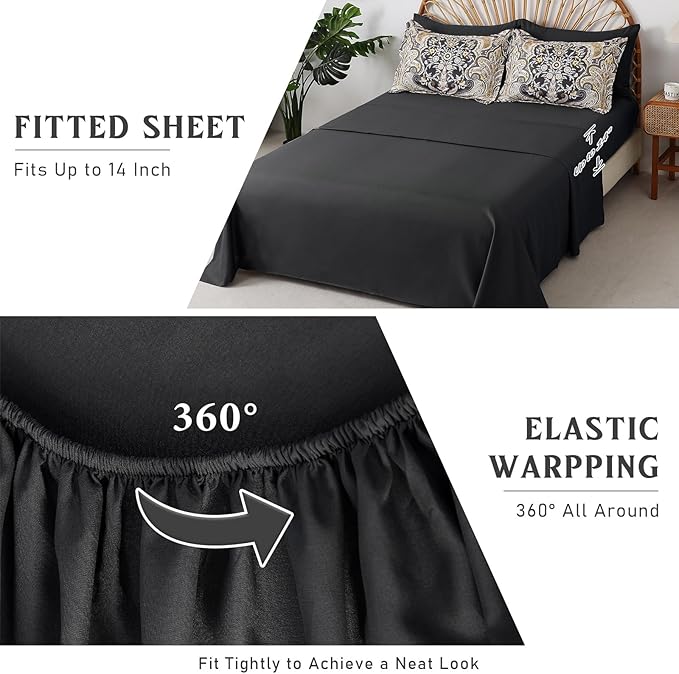 Drucon Boho Paisley Comforter Set Queen Size, 7 Pieces Bed in a Bag Black Gold Comforter Set, Soft Lightweight Bedding Set (1 Comforter, 1 Flat Sheet, 1 Fitted Sheet, 2 Pillow Shams, 2 Pillowcases)