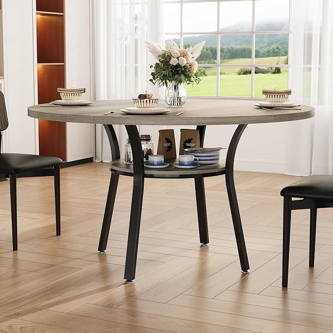 Garvee 47'' Round Dining Table for 4-6 People, Farmhouse Kitchen Dining Table, Round Dinner Table with Storage Shelf for Kitchen, Living Room (Table Only), Grey