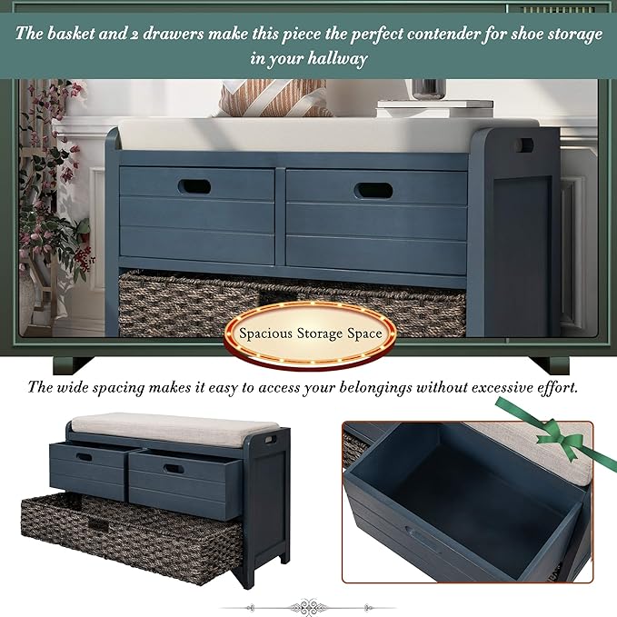 Entryway Shoe Storage Bench with Cushion, Fully Assembled Solid Wood Bench with 2 Drawers and Removable Basket for Hallway, Bedroom or Living Room (Navy)