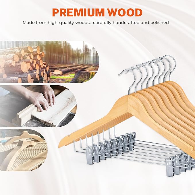 HOUSE DAY 24 Pack High-Grade Wooden Suit Hangers Skirt Hangers with Clips Solid Wood Pants Hanger Natural Smooth Finish Premium Wood Hanger with Durable Metal Clips for Blouse, Dress, Coat, Jacket