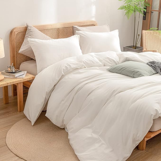 BESTOUCH Duvet Cover Set 100% Washed Cotton Linen Feel Super Soft Comfortable Chic Lightweight 2 PCs Home Bedding Set Solid Off White Twin/Twin XL