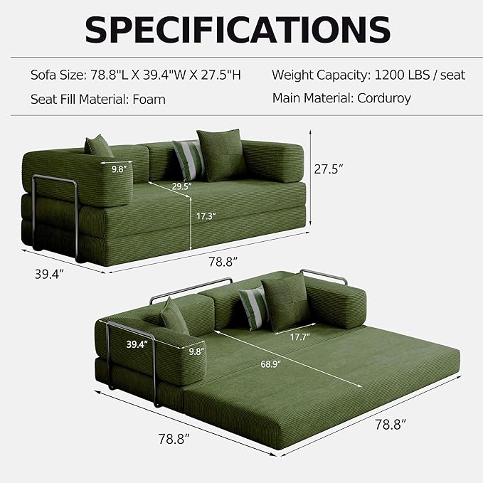 98.4''Convertible Sleeper Sofa Bed,Compressed Floor Boneless Couch,Modular Modern Corduroy Sofa for Living Room Bedroom -with Fixed-Shape Frame and Support Armrest,Easy Assembly(Green)