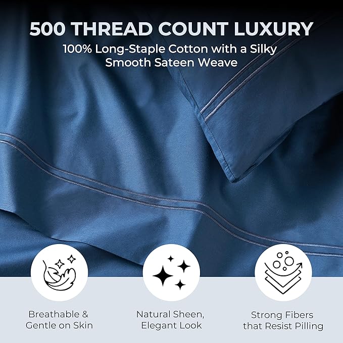 100% Natural Cotton Bed Sheets | 500 TC Single-Ply Sateen Weave Twin XL Sheets | Breathable, Hypoallergenic Solid 3-Piece Bedding with Deep Pocket Fitted, Flat, Pillowcase | Navy Blue