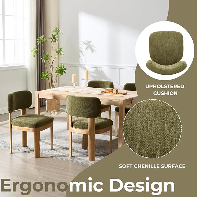 Green Upholstered Dining Chairs Set of 6 Chenille Fabric Dining Room Chairs Modern Barrel Kitchen Chairs with Curved Backrest and Wooden Legs