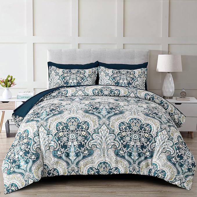 Drucon Paisley Comforter Set King Size, 7 Pieces Bed in a Bag Boho Comforter, Soft Lightweight Microfiber Bedding Set (1 Comforter, 1 Flat Sheet, 1 Fitted Sheet, 2 Pillow Shams, 2 Pillowcases)