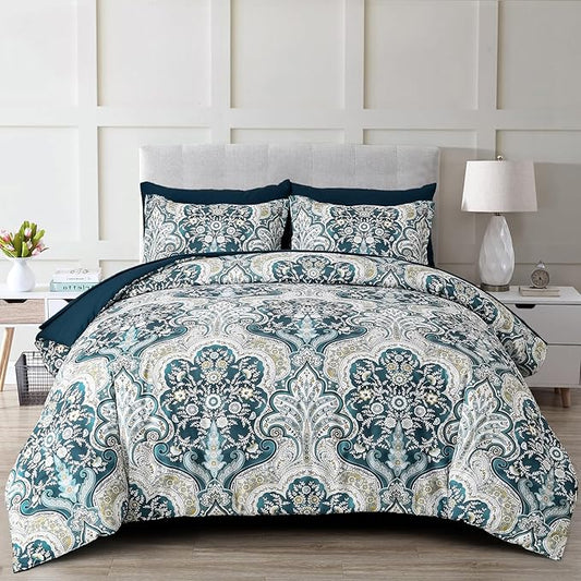 Drucon Paisley Comforter Set King Size, 7 Pieces Bed in a Bag Boho Comforter, Soft Lightweight Microfiber Bedding Set (1 Comforter, 1 Flat Sheet, 1 Fitted Sheet, 2 Pillow Shams, 2 Pillowcases)