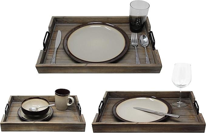 3 Pie­ce Decorative Nested Vintage Wood Serving Tray Set for Coffee Table or Ottoman – Rustic Wooden Breakfast Trays for Kitchen, Dining Room, or Living Room – Farmhouse Platter w/Handles - Barnwood