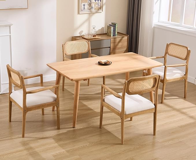EALSON Rattan Dining Chairs with Arms Set of 6 Mid Century Dining Room Chairs with Wood Legs Linen Upholstered Kitchen Chairs Farmhouse Cane Back Arm Chairs for Living Room, Beige, Light Natural